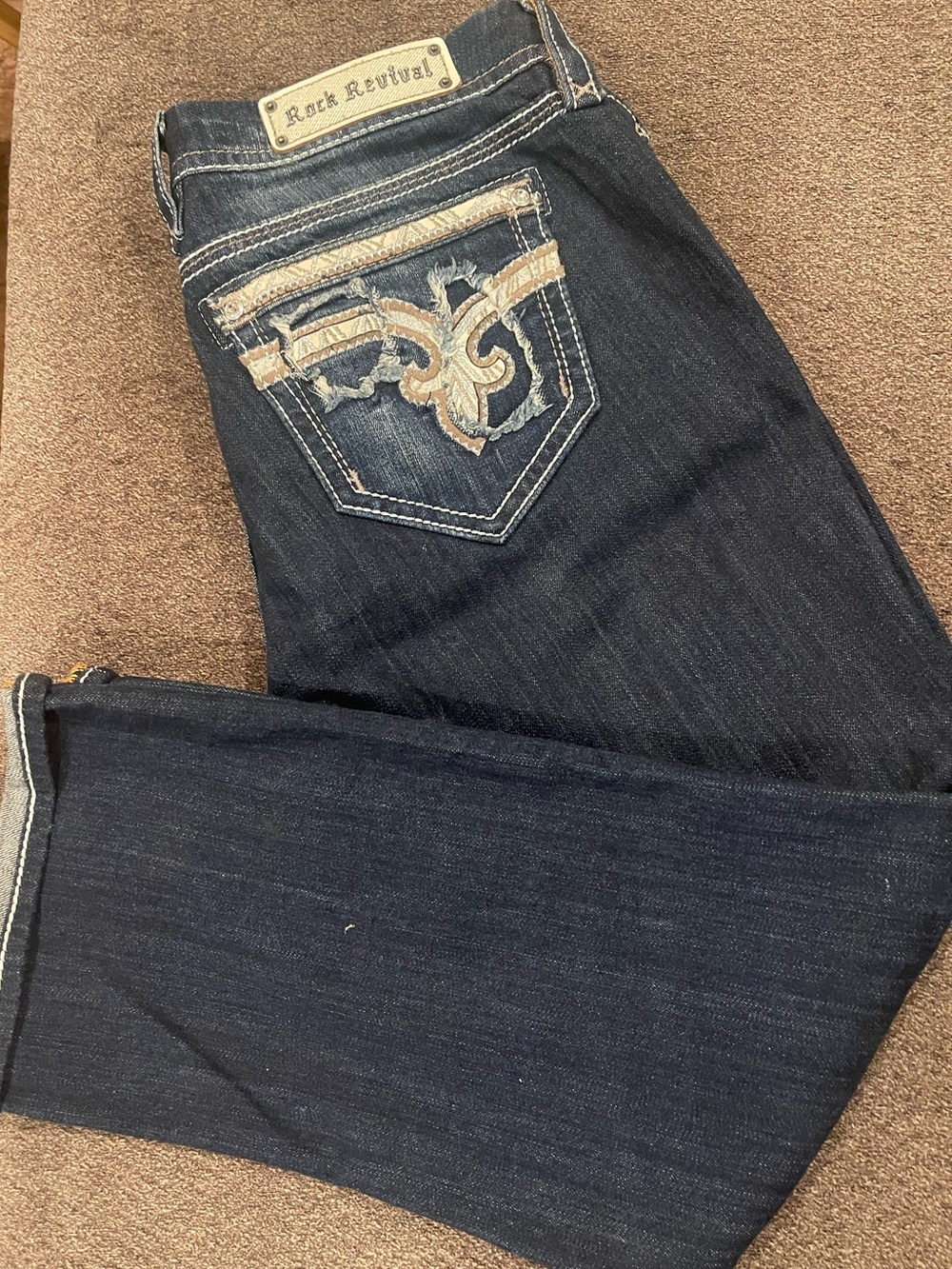 Rock Revival Dark Blue women Easy crop Nancy style Jeans with Embroidered Pocket